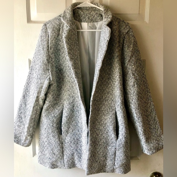 Gray White Herringbone Tweed Look Polyester Blazer Short Jacket XL Two Pockets - Picture 1 of 5